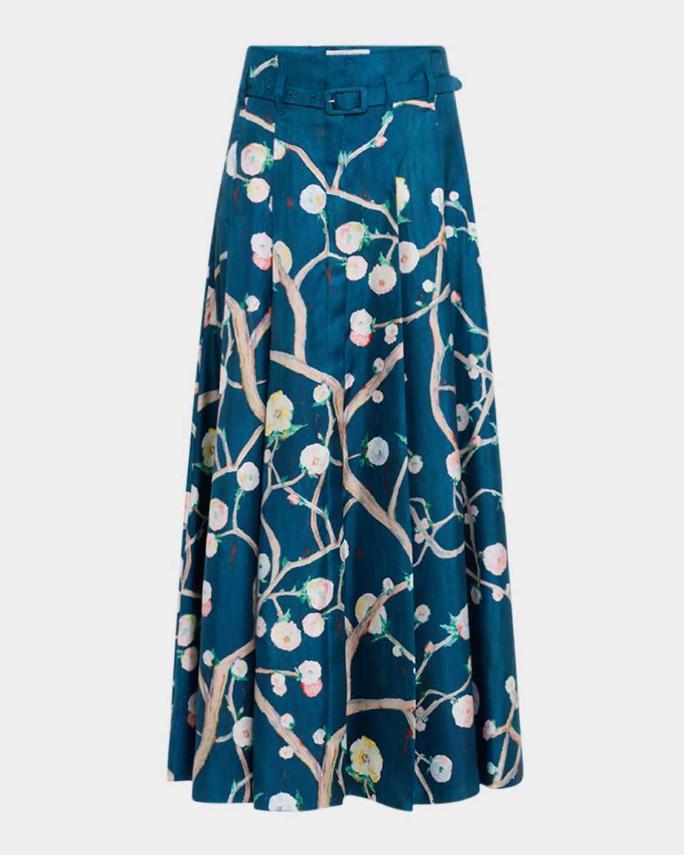 Dugald Floral Pleated Ankle Skirt With Belt